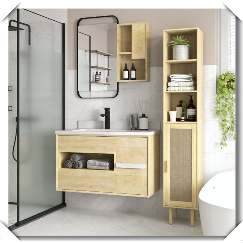 Armoire de salle de bain autoportante en rotin anti-basculement, Chêne