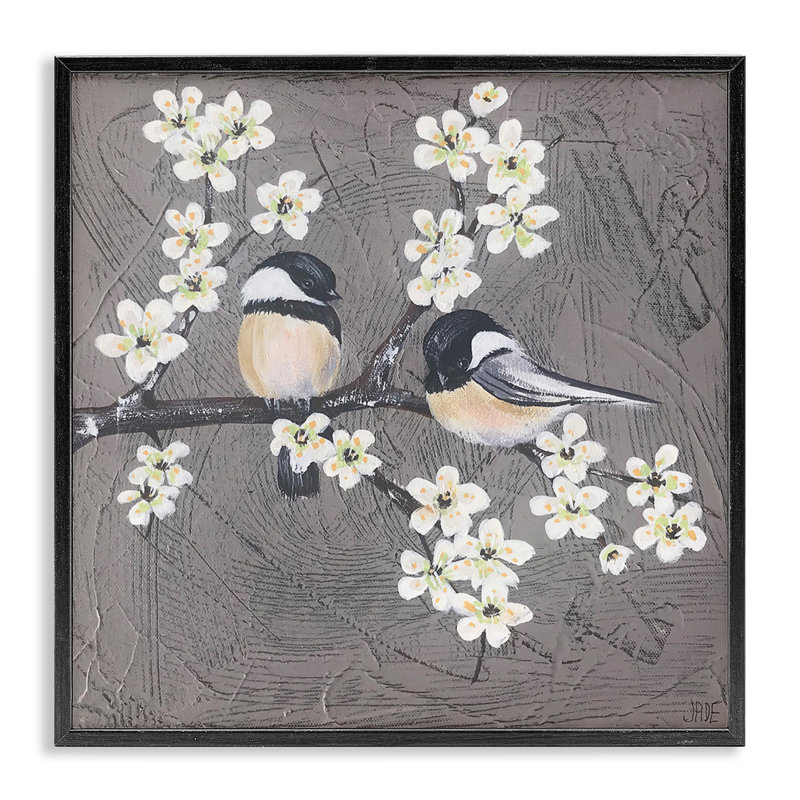 Paire d'oiseaux sur une branche, estampe numérique par Jade Reynolds, H 12 po x l 12 po, Giclée encadrée noir minuit