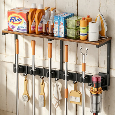 Wall Mount Broom Holder With Utility Shelf - All-In-One Cleaning Supplies Organizer For Laundry Room, Garage, Kitchen And Closet Storage