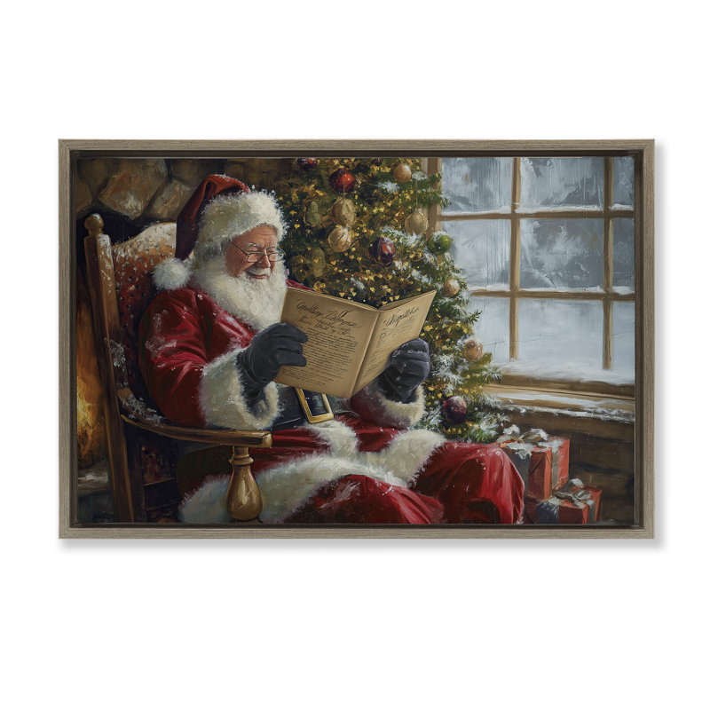 «Cheerful Santa Reading Canvas» par Imagine It Images, Cadre flottant orme Montalcino, H 17 po x l 25 po