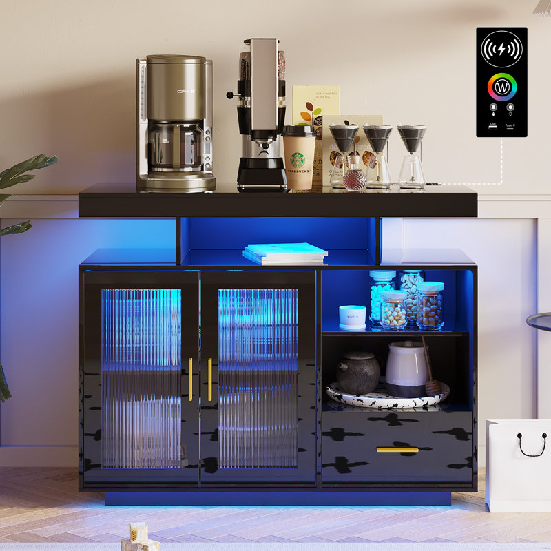 Armoire-bar et buffet moderne à DEL avec rangement - Idéal pour la cuisine, la salle à manger ou le salon, Noir