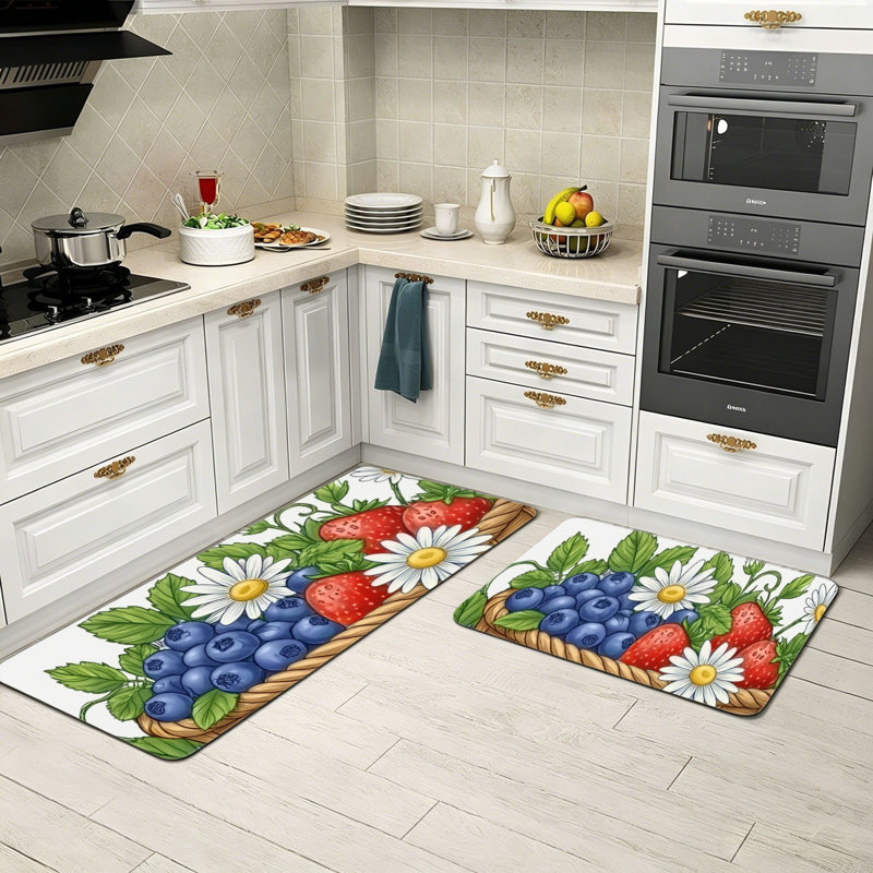 Berry Basket and Wildflower Print 2 Piece Kitchen Rugs, Country Kitchen Decor