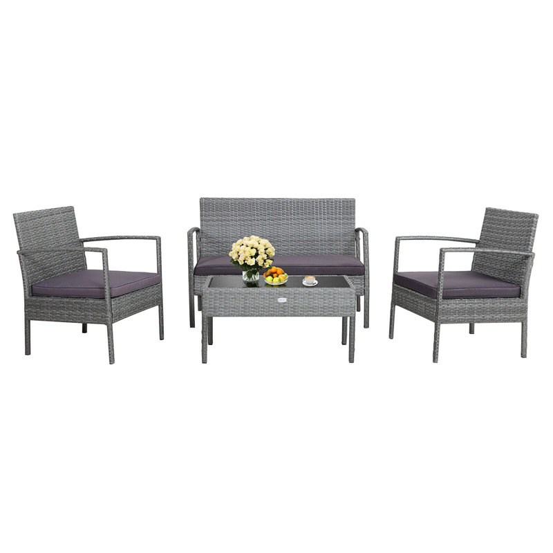 Ensemble de conversation pour patio en rotin 4 pièces Ashlay, Gris, Gris
