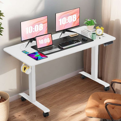 Kashif 63'' Electric Height Adjustable Standing Desk With 2 USB Ports, 3 Power Outlets, and 4 Casters, 2 Hooks，Large Mouse Pad