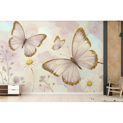 Papier peint papillon et fleur - pivoines rosées, décorations dorées, aquarelle élégante pour chambre d'enfant (non tissé) 