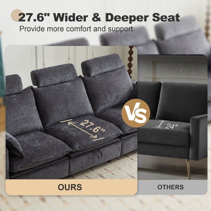 Power Reclining Sofa-Oversized Cloud Couch, Modern Chenille Power Recliner Sofa for Living Room, Comfortable Reclining Sectional with Headrest, Pillows & Hidden Storage