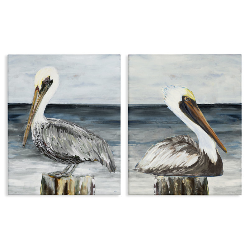 «Beachfront Pelican Log», ensemble de 2 toiles sur toile par Julie DeRice, H 20 po x l 16 po