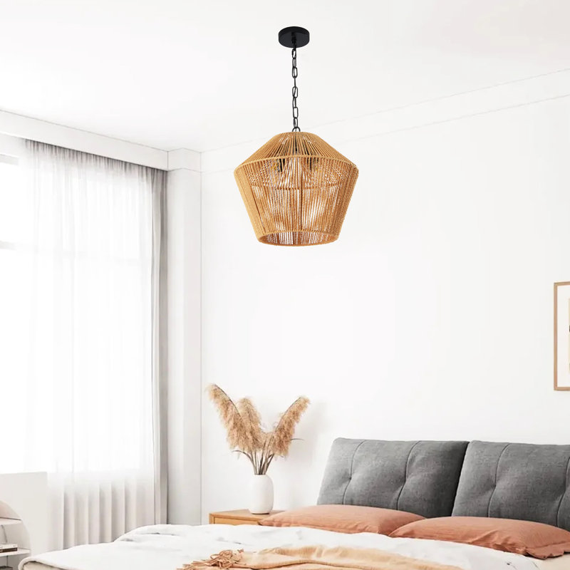 Lampe suspendue de 17 po en corde de chanvre - luminaire artisanal pour îlot de cuisine, salle à manger, finition naturelle de chambre à coucher, fer à repasser à hauteur réglable et salle à manger décorative