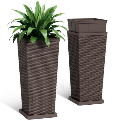 25/31 in. Imitation-Wicker Plastic Tall Planter Pot with Drainage Hole & Tray