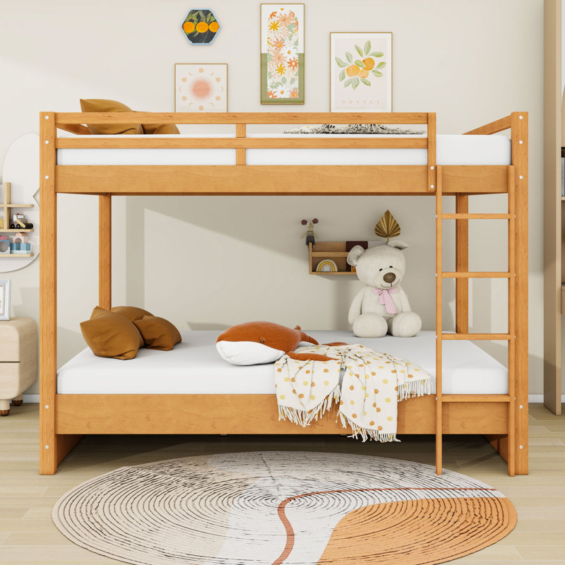 Queen Over Queen Wood Bunk Bed With Sturdy Frame And Ladder, Wood