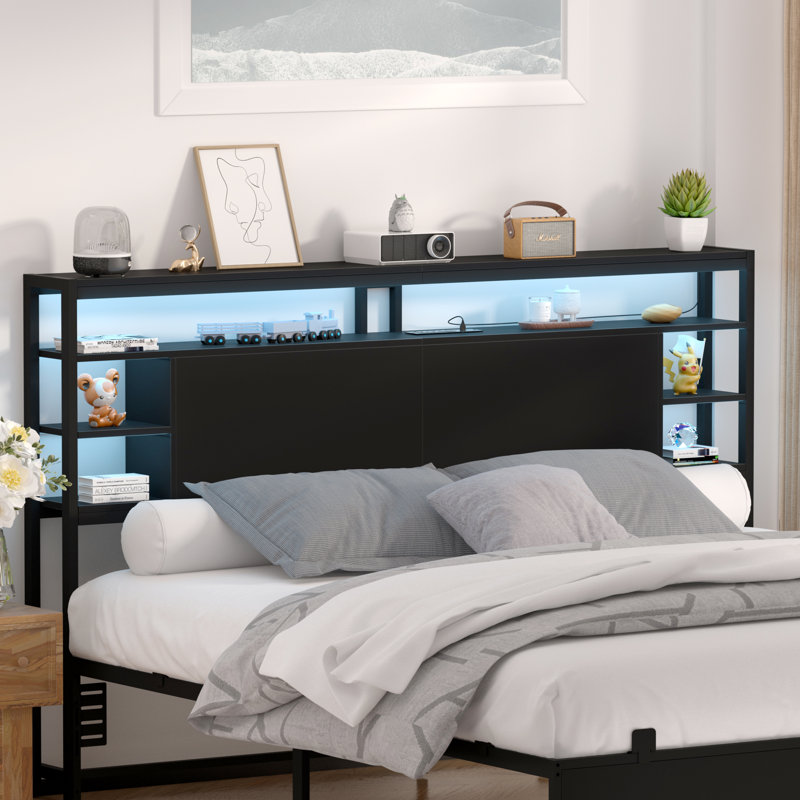 Storage Headboard With LED Lights And Charging Station, Black, King