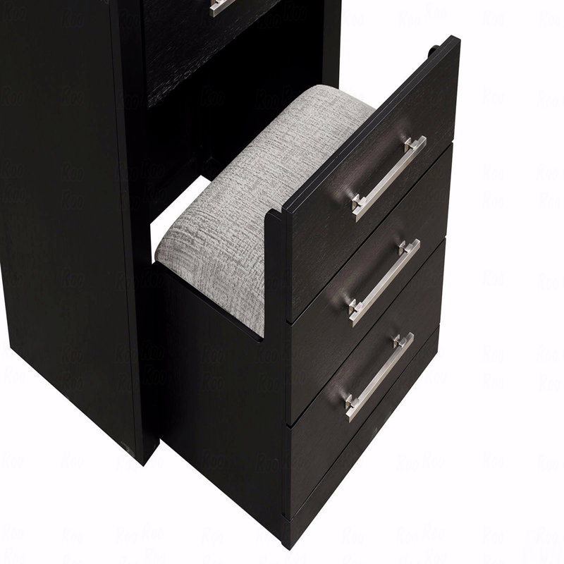Bedside Makeup Vanity  W/ Stool Black Storage Drawers Nickle Pulls Handles Vanity Led Contemporary Style