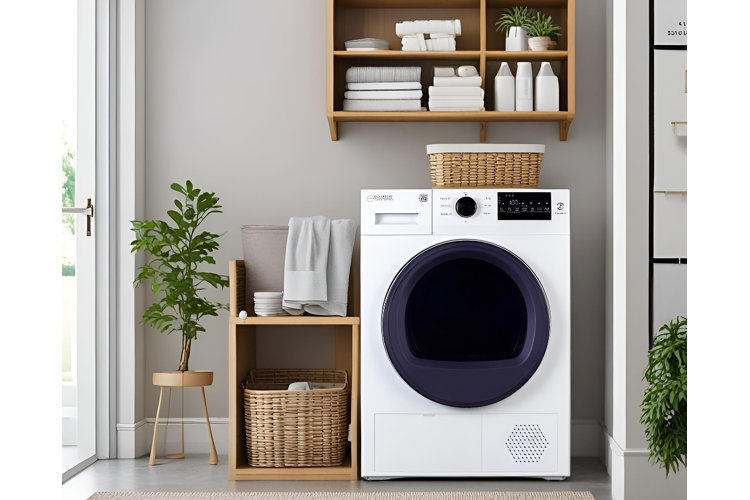 white tumble dryer in open laundry room. Wood floating shelf with laundry items above