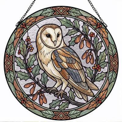 Owl Stained Stained Glass Window Panel，7.8H