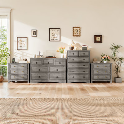 4 Pieces Bedroom Set Include 7 Drawer Dresser, 6 Drawer Tall Chest And Two 26.7''w 3-drawer Nightstand With Charging Station,gray Wash