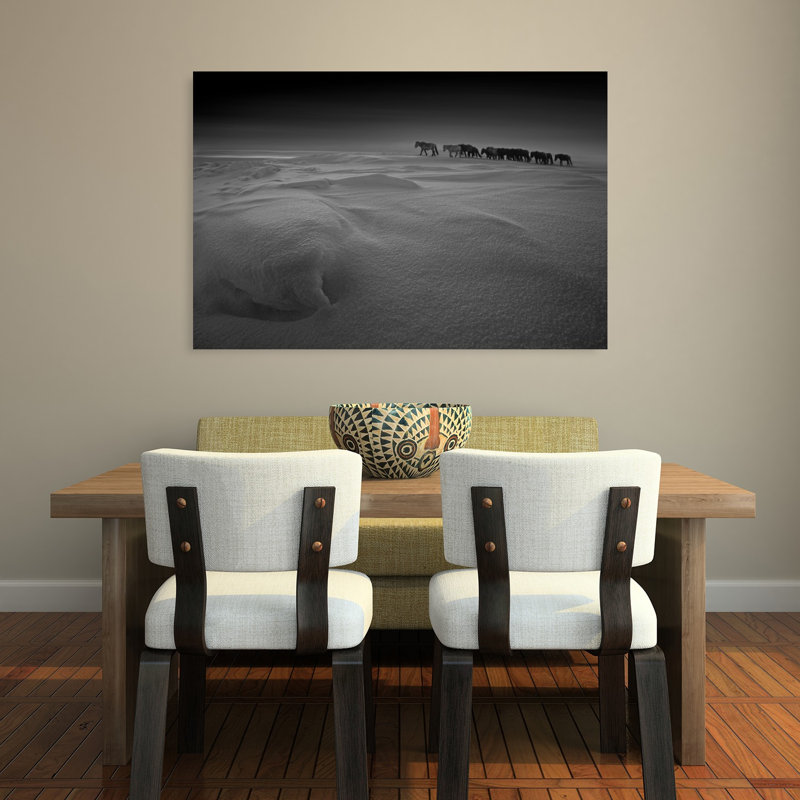Chevaux sauvages, voyage hivernal minimaliste abstrait, paysage, impression d'art mural, 32" H x 48" W