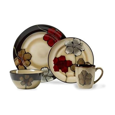 Painted Poppies 16-Piece Dinnerware Set, Service For 4, Colorful Floral Stoneware Plates, Bowls, And Mugs, Microwave And Dishwasher Safe