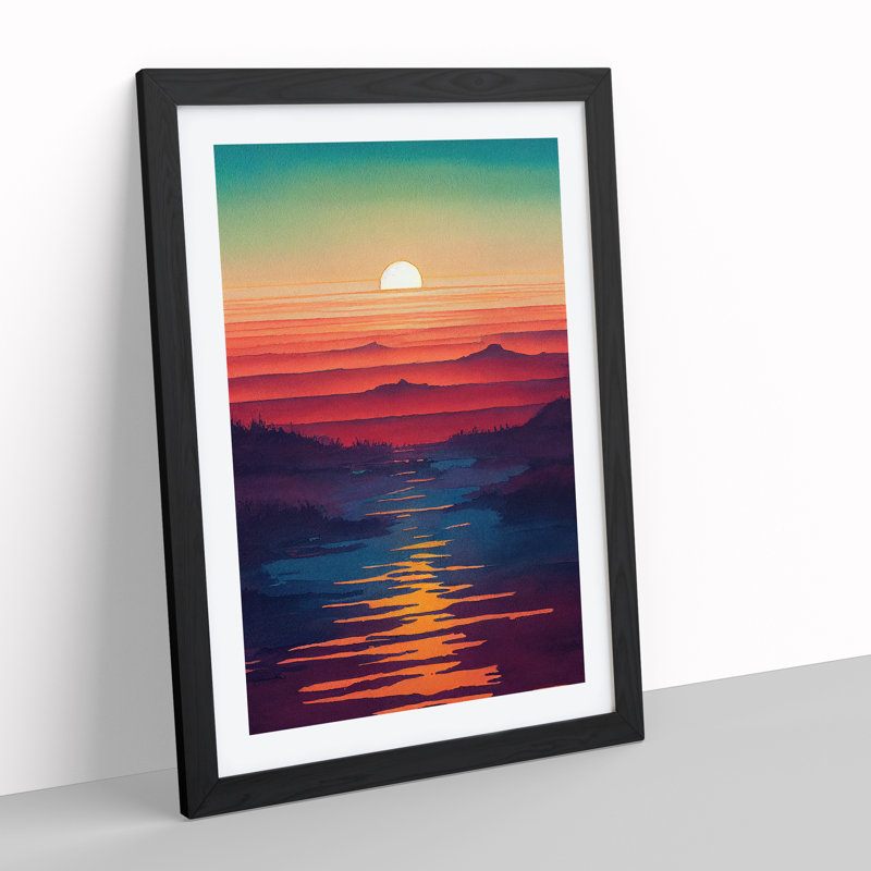 Sunset over Mountains - Wall Art, Black Framed Paper, White, 64cm H x 46cm W x 2cm D