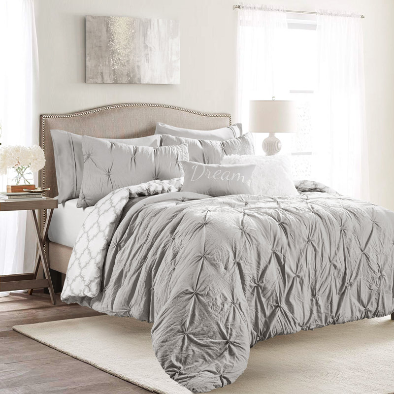 Ravello Pintuck Caroline Geo Microfiber Reversible Comforter Set, Light Gray, Full/Queen Comforter + 6 Additional Pieces