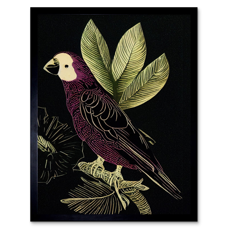 Burgundy Parrot Leaves Tree Branch Linocut - Single Picture Frame Print, 25.9cm H x 20.6cm W x 1.5cm D