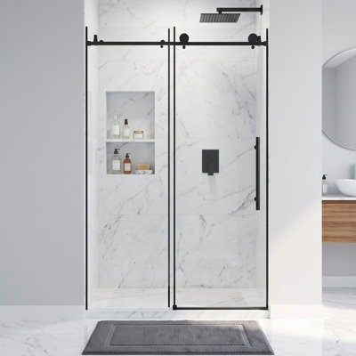 Porte de douche coulissante sans cadre, 112-122 cm L x 193 cm H, noir mat, verre trempé transparent de 6 mm, film anti-explosion, poignée en acier inoxydable, installation réversible