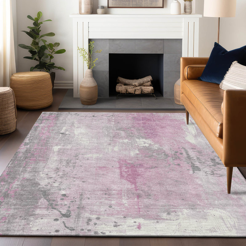 Tapis intérieur / extérieur rose lavable à la machine Xhevrie, Rectangle 10 pi x 14 pi