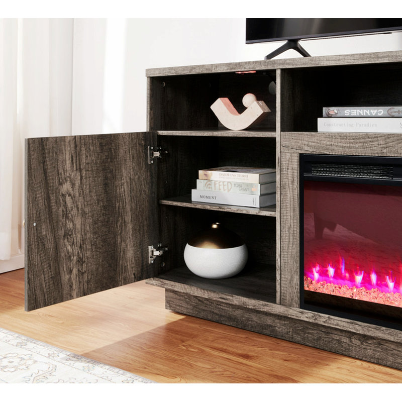 Console de meuble télé avec chauffage, lumière DEL, tablettes ouvertes pour téléviseur de 65 po ou moins, Blanc/noyer
