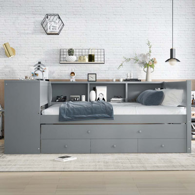 Wood Daybed with Trundle,Storage Drawers and Side Shelves