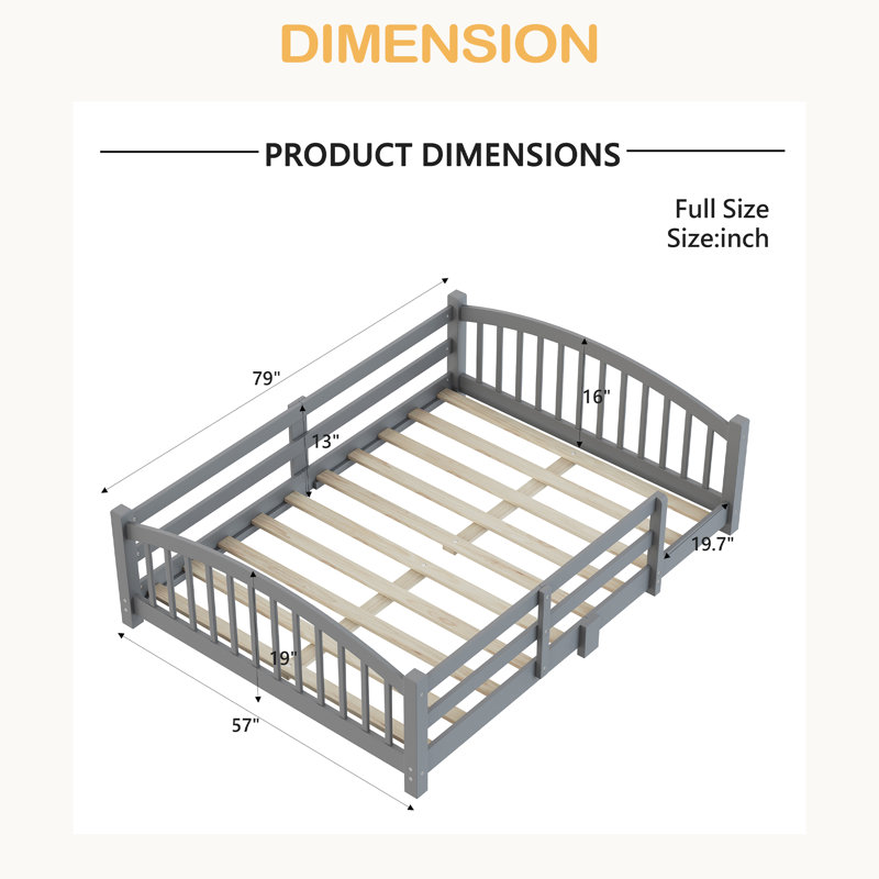 Solid Wood Floor Bed With Fence And Without Door, Gray, Full