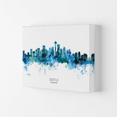 Seattle Washington Skyline Blue City Name by Michael Tompsett - Print