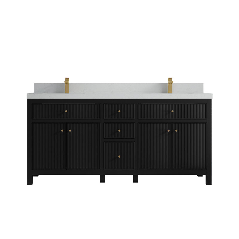 Ensemble de meuble-lavabo double 72 ", Noir, Quartz de Carrare