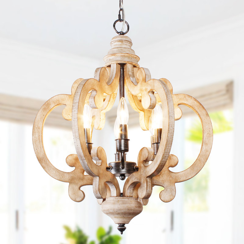 Farmhouse 6-Light Farmhouse Geometric Wood Chandelier Rustic Candle Style Chic Crown Cottage Pendant Light For Dining Room