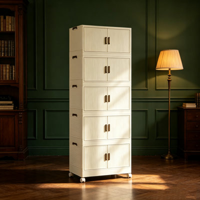 5 Tier Large Foldable Storage Cabinet with Wheels,Stackable Organizer Box for Kitchen Bathroom Bedroom Garage Drawer Clear Toiletry