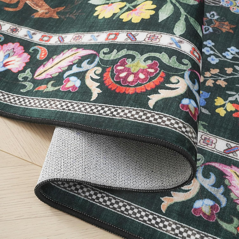 Tapis de cuisine floral lavable antidérapant, Vert émeraude, Tapis de couloir 2 pi x 6 pi