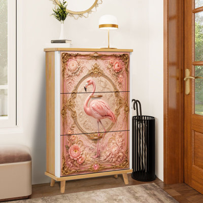 Minimalist Elegant Pink Flamingo Ornate Floral Frame Baroque Shoe Storage Cabinet with 3 Flip Drawers Freestanding Shoe Rack Organizer Space Saving Footwear Storage Furniture for Entryway Hallway Bedroom Small Apartment Home Use