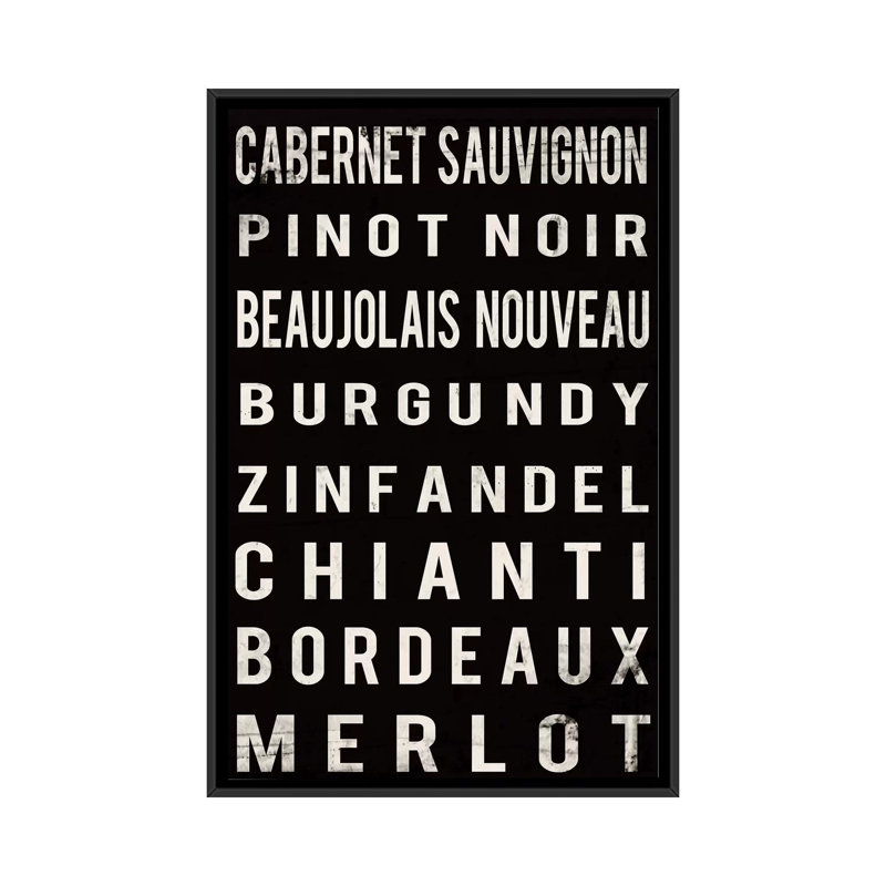 «Wine», art textuel sur toile, H 26 po x l 18 po x P 1,5 po, Toile avec cadre noir, Pas de tapis