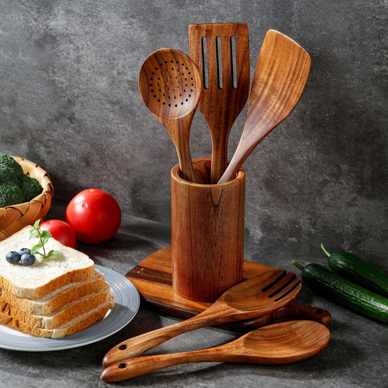 Ensemble d'ustensiles de cuisine en bois de teck 6 pièces avec support - antiadhésif, poignée souple, conception ergonomique - cuillères en bois à finition naturelle pour la cuisson