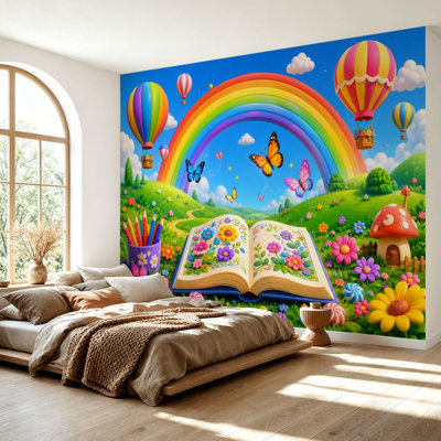 Wall Mural Peel and Stick Wallpaper Colorful Fantasy Landscape Open Book Rainbow Butterflies Hot Air Self-Adhesive Removable Contact Paper Wall Decor for Living Room Bedroom 69"H x 96"W