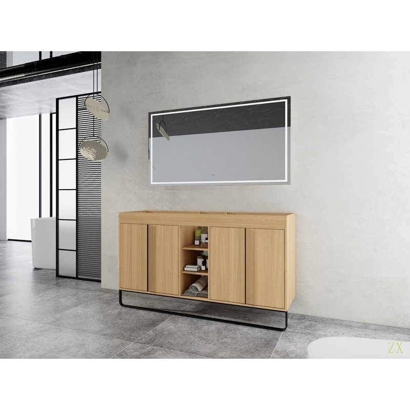 Armoire de salle de bain autoportante 60 po, 4 portes à fermeture douce et 3 tablettes de rangement ouvertes, emballage KD (meuble-lavabo seulement, sans lavabo)