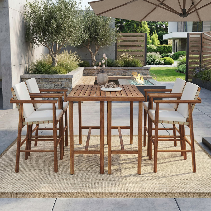 Ensemble de bar d'extérieur en bois d'acacia 6 pièces - 6 tables de bar et 4 tabourets avec coussins