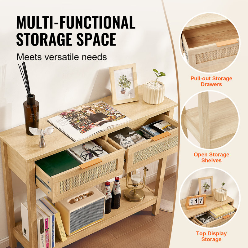 Natural Oak and Rattan Console Table with Storage Drawers