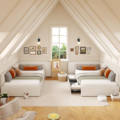 Lit de jour simple d'angle rembourré en tissu doux avec tiroirs de rangement - Tête de lit allongée, rails de lit et garde-corps