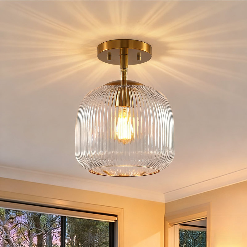 10" W Modern Ribbed Glass Semi-Flush Mount Ceiling Light, Metal Fixture with Clear Textured Glass Shade for Bedroom, Hallway, Entryway