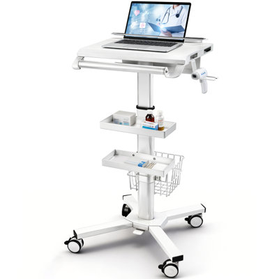 Chariot médical professionnel avec capacité de 150 lb - Chariot roulant à hauteur ajustable pour hôpital, cabinet de dentiste, salon de beauté - Roues verrouillables silencieuses à 360 ° (avec tablette de rangement à 2 niveaux / blanc)