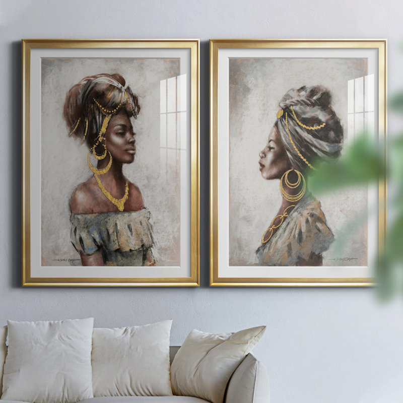 Beauté et grâce - ensemble de 2 reproductions d'art, H 26,5 po x l 73 po x P 1,5 po, Papier encadré doré, Blanc