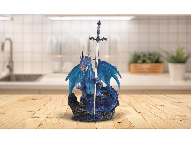 8"H Blue Dragon with Sword and Pearl Figurine