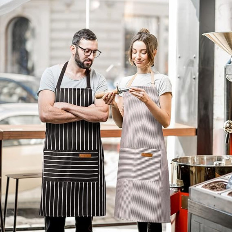 2 Pack Adjustable Bib Apron With 2 Pockets Chef Cooking,Black/Brown Stripes