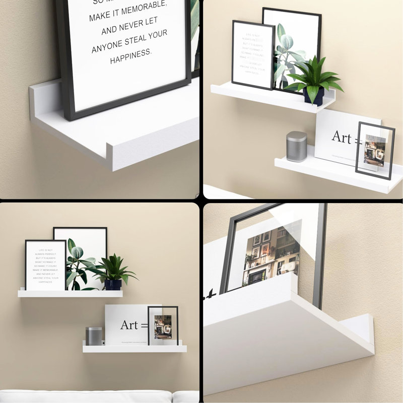 2 Modern White Wall Mounted Shelves. Engineered Wood Made, 20 Lbs Load-Bearing Ability. Style Your Room. Easy Installation Guide Supplied. Show Decorative Items Of 2 Composition, Supporting Weight.