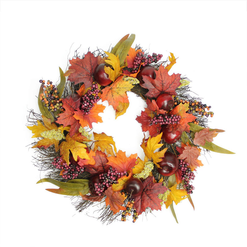 Couronne artificielle de brindille feuille d'érable pomme et baie 22 pouces