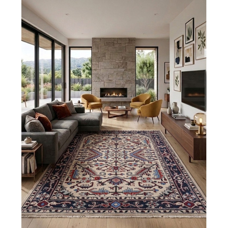 Blanc | Tapis intérieur bleu noué à la main bleu en soie et laine, Rectangle 6 pi x 9 pi